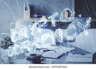 Double exposure of crypto technology theme drawing and office interior background. Concept of blockchain.