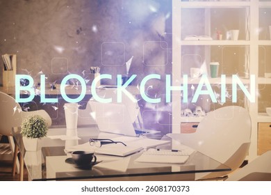 Double exposure of crypto technology theme drawing and office interior background. Concept of blockchain.