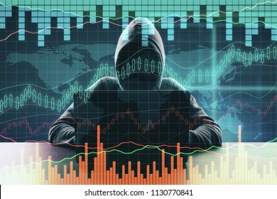 double exposure of cybercrime and hacking process with no face hacker with laptop and abstract financial chart. 