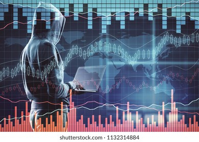 double exposure of cybercrime and hacking process with back view on no face hacker with laptop and abstract financial chart. 