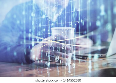 Double exposure of data internet theme hologram with man working on computer on background. Concept of innovation.