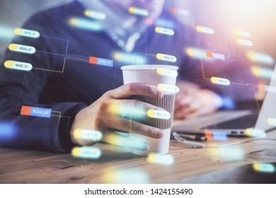 Double exposure of data internet theme hologram with man working on computer on background. Concept of innovation.