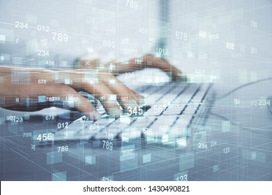 Double exposure of data internet theme hologram with man working on computer on background. Concept of innovation. - Shutterstock ID 1430490821