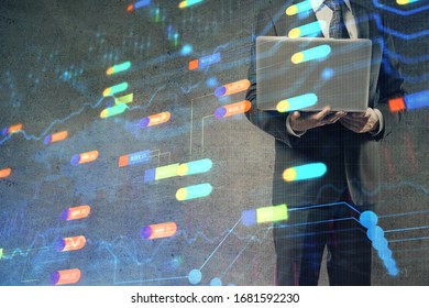 Double exposure of data internet theme hologram with man working on computer on background. Concept of innovation.
