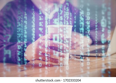 Double exposure of data internet theme hologram with man working on computer on background. Concept of innovation.