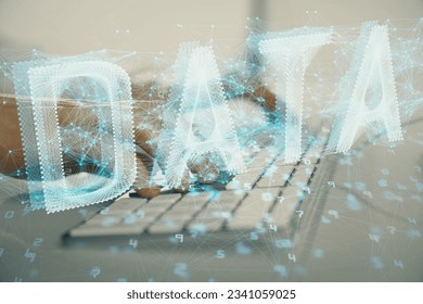 Double exposure of data internet theme hologram with man working on computer on background. Concept of innovation.