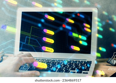 Double exposure of data internet theme hologram with man working on computer on background. Concept of innovation.
