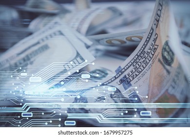 Double exposure of data theme drawing over us dollars bill background. Technology concept. - Powered by Shutterstock