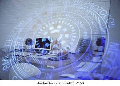 Double exposure of data theme drawing and office interior background. Concept of technology.