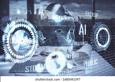 Double exposure of data theme drawing and office interior background. Concept of technology.