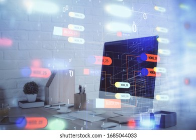 Double exposure of data theme drawing and office interior background. Concept of technology.