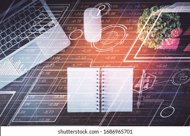 Double exposure of data theme drawing hologram over topview work table background with computer. Concept of technology.