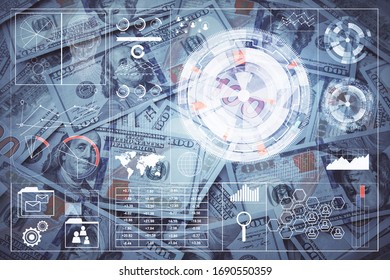 Double exposure of data theme drawing over us dollars bill background. Technology concept.