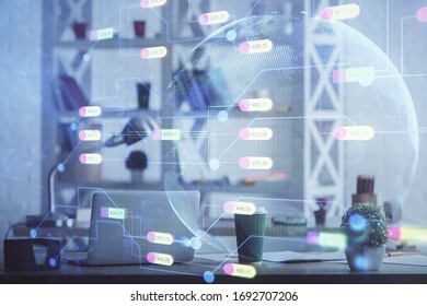 Double exposure of data theme drawing and office interior background. Concept of technology.