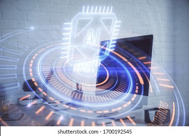 Double exposure of data theme drawing and office interior background. Concept of technology.