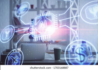 Double exposure of data theme drawing and office interior background. Concept of technology. - Powered by Shutterstock - Get 15% off with code: PIKWIZARD15