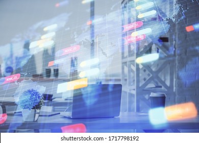 Double exposure of data theme drawing and office interior background. Concept of technology.