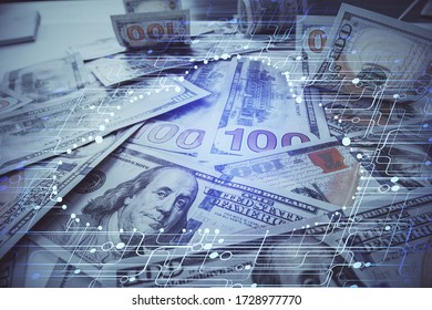 Double exposure of data theme drawing over us dollars bill background. Technology concept.