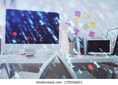 Double exposure of data theme drawing and office interior background. Concept of technology.
