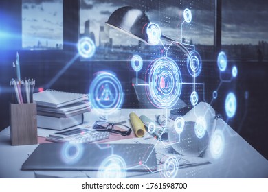 Double exposure of data theme drawing and office interior background. Concept of technology.