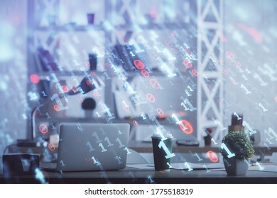 Double exposure of data theme drawing and office interior background. Concept of technology.