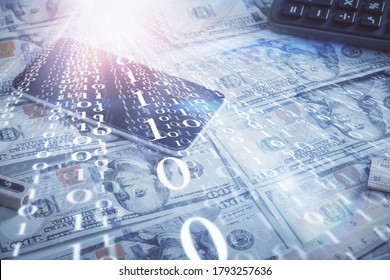 Double exposure of data theme drawing over us dollars bill background. Technology concept.