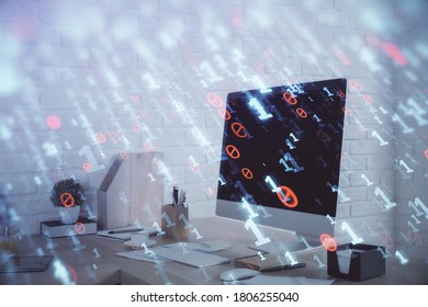 Double exposure of data theme drawing and office interior background. Concept of technology.
