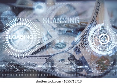 Double exposure of data theme drawing over us dollars bill background. Technology concept.