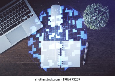 Double exposure of data theme drawing hologram over topview work table background with computer. Concept of technology.