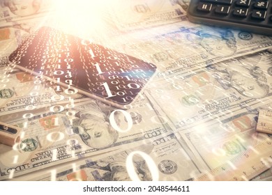 Double exposure of data theme drawing over us dollars bill background. Technology concept.