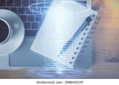 Double exposure of data theme drawing and office interior background. Concept of technology.