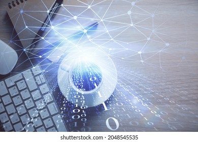 Double exposure of data theme drawing and office interior background. Concept of technology.