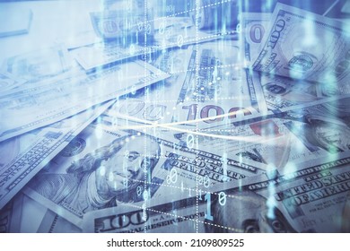 Double exposure of data theme drawing over us dollars bill background. Technology concept.