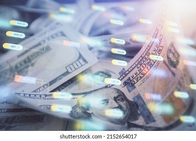 Double exposure of data theme drawing over us dollars bill background. Technology concept.