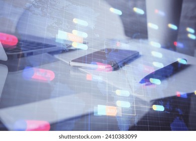 Double exposure of data theme drawing and mobile phone background. Concept of innovation