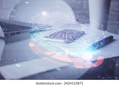 Double exposure of data theme drawing and mobile phone background. Concept of innovation