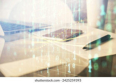 Double exposure of data theme drawing and mobile phone background. Concept of innovation
