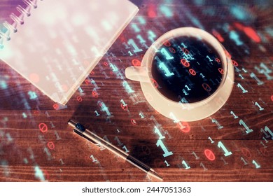Double exposure of data theme drawing and office interior background. Concept of technology.