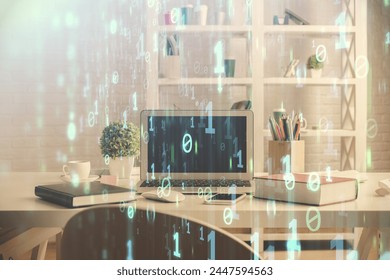 Double exposure of data theme drawing and office interior background. Concept of technology.