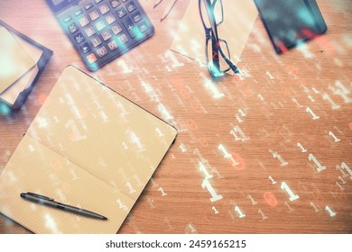 Double exposure of data theme drawing and office interior background. Concept of technology.