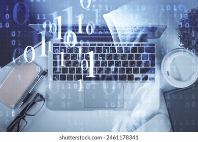 Double exposure of data theme drawing hologram over topview work table background with computer. Concept of technology.