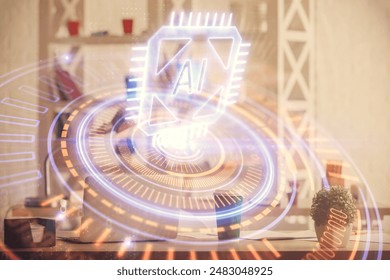 Double exposure of data theme drawing and office interior background. Concept of technology.