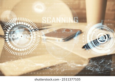 Double exposure of data theme drawing and mobile phone background. Concept of innovation