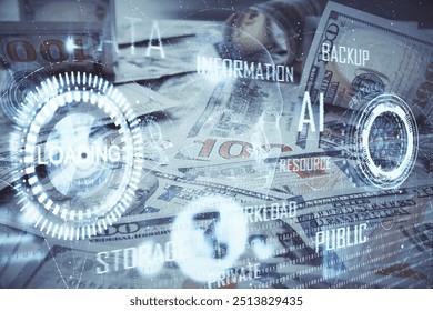 Double exposure of data theme drawing over us dollars bill background. Technology concept.