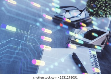 Double exposure of data theme drawing and mobile phone background. Concept of innovation
