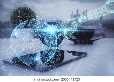 Double exposure of data theme drawing and mobile phone background. Concept of innovation
