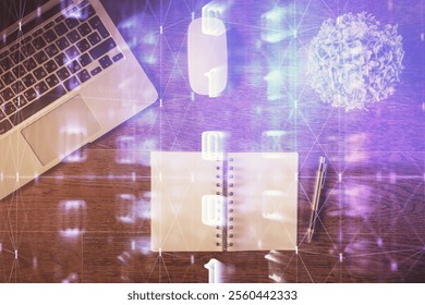 Double exposure of data theme drawing hologram over topview work table background with computer. Concept of technology.
