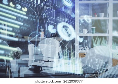 Double exposure of data theme drawing and office interior background. Concept of technology.