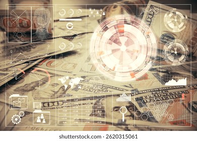 Double exposure of data theme drawing over us dollars bill background. Technology concept.