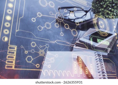 Double exposure of data theme drawing and mobile phone background. Concept of innovation